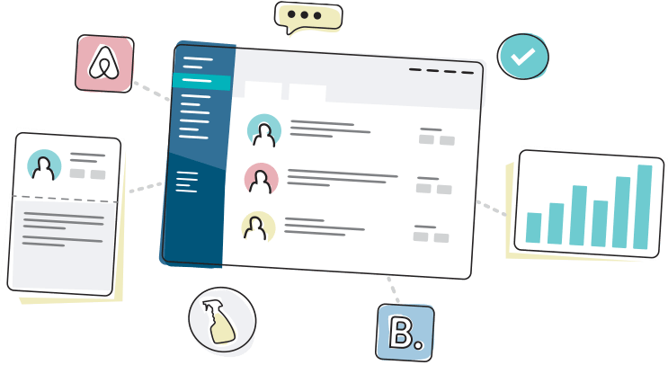 Graphic of dashboard, chat bubble, airbnb, booking.com, chart.