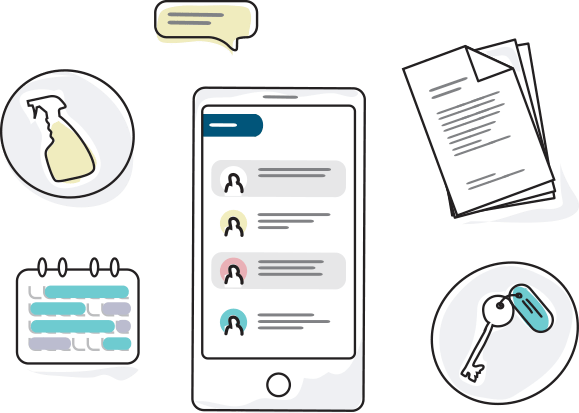 Graphic of mobile phone, calendar, cleaner notes, chat bubble.